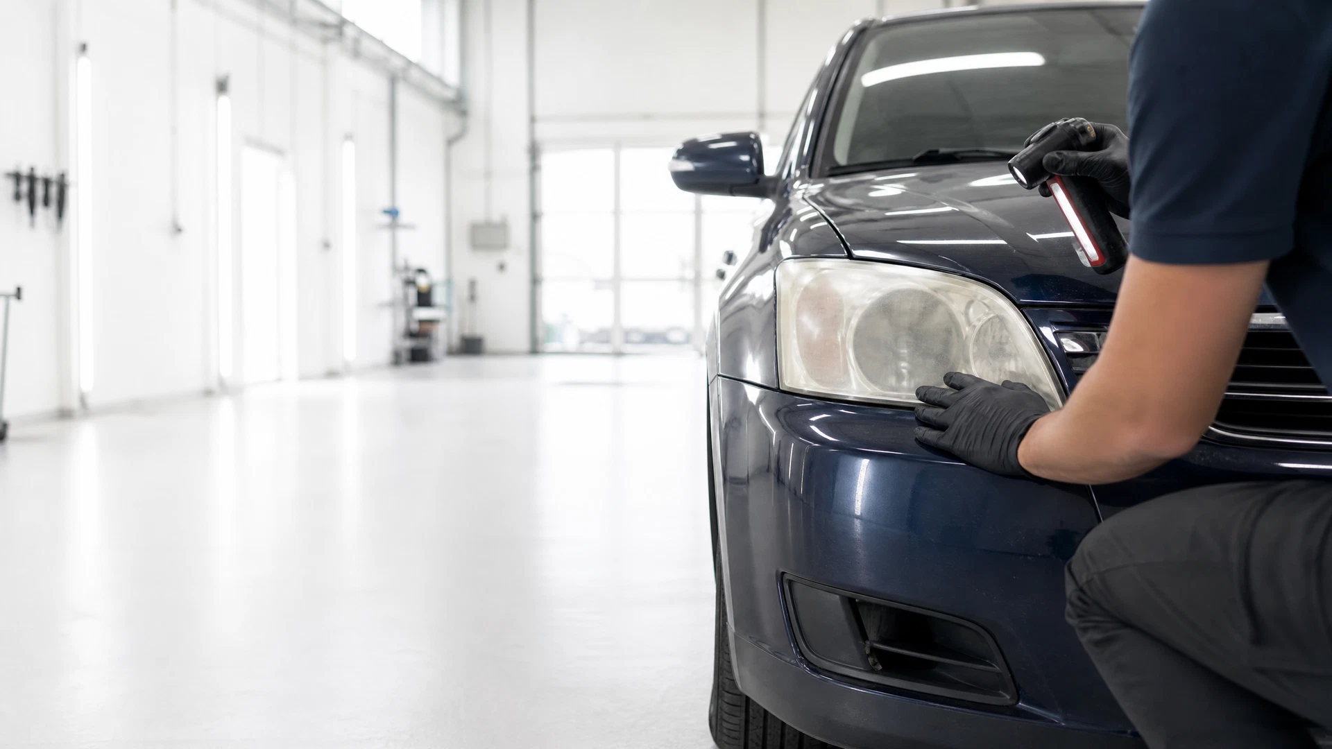 Original editorial view of a detailer inspecting a cloudy generic vehicle headlight in a bright unbranded detailing bay