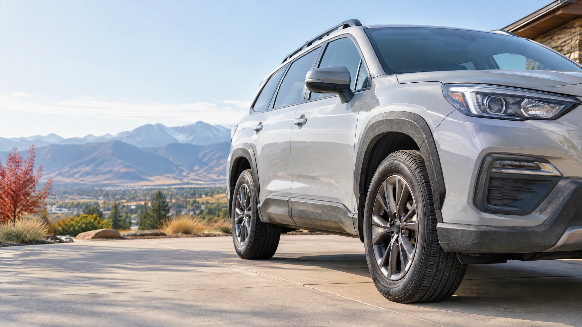 Generic light-gray SUV in a Colorado driveway with faded but intact unpainted black wheel-arch, bumper, and rocker-panel trim in view