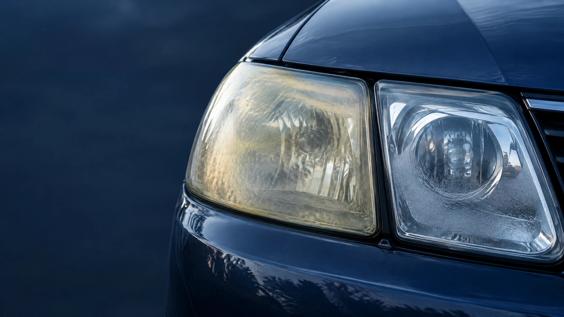 Close automotive view contrasting a yellowed oxidized outer headlight lens with a clear lens showing a subtle fine mist of interior condensation