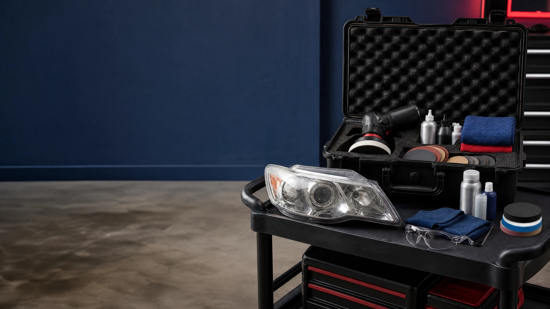 Original editorial view of an unbranded professional headlight restoration work kit, compact polisher, supplies, and clear lens on a mobile work table