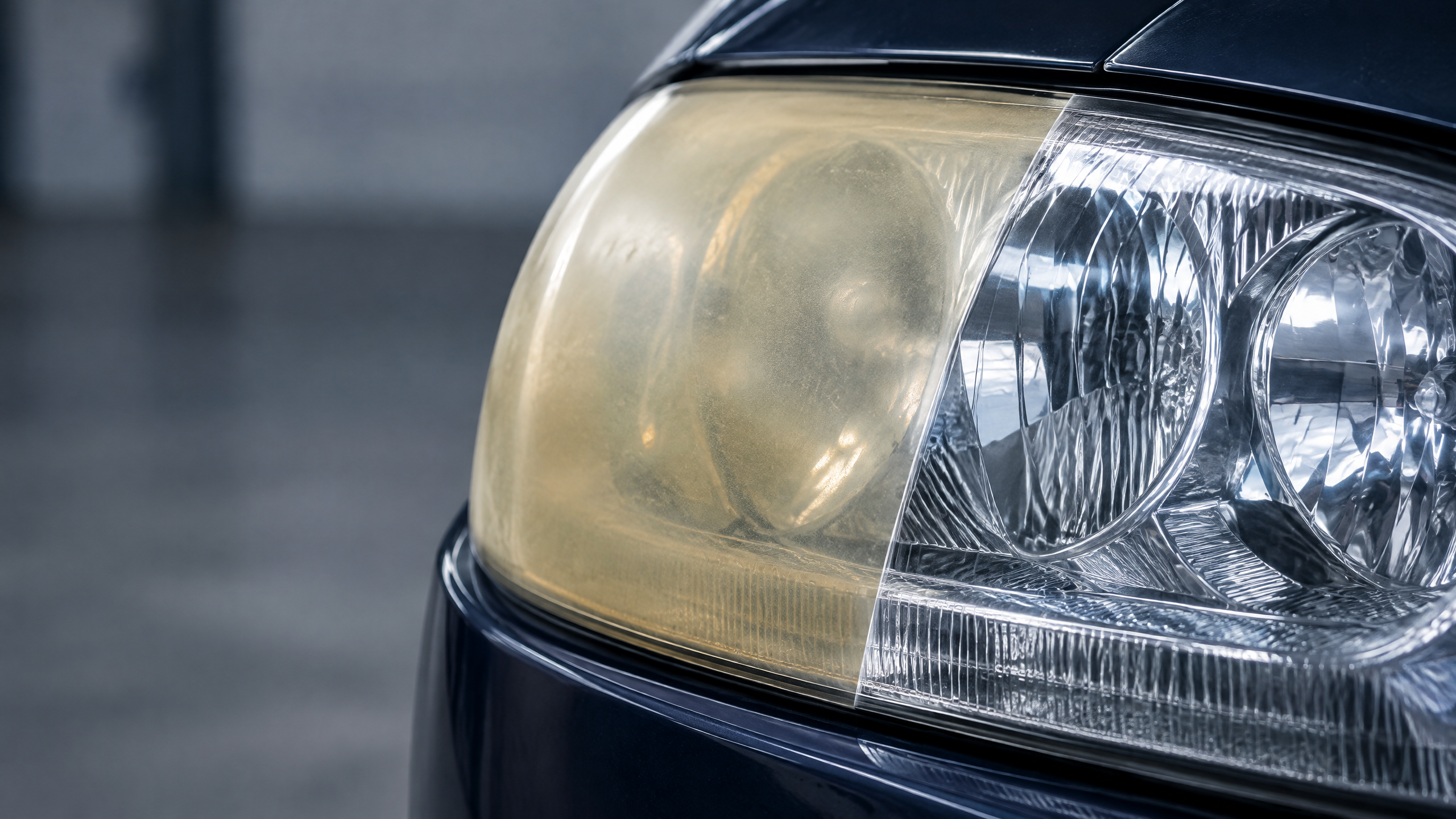 Unbranded vehicle headlight lens with a subtle exterior haze on one side and a clearer exterior surface on the other