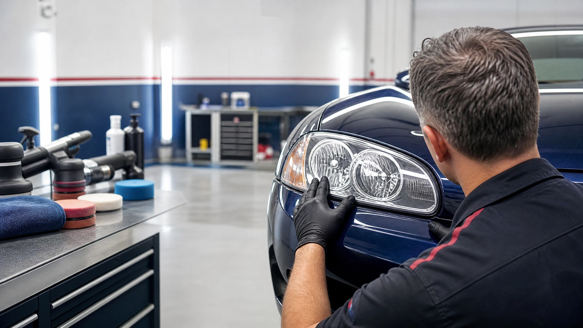 Original editorial scene of a professional technician inspecting a generic restored headlight beside an organized polishing station