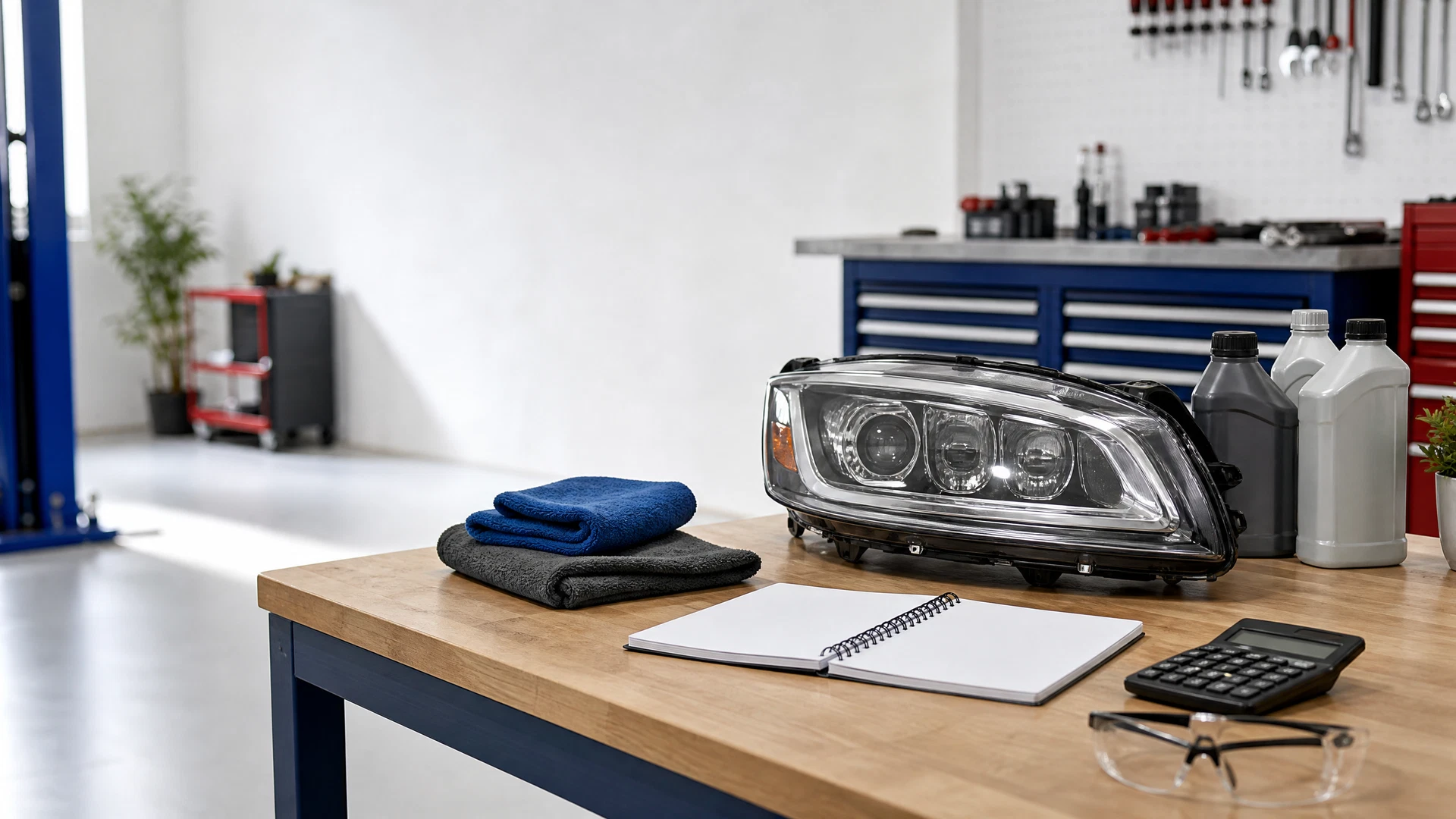 Original editorial planning table with a generic headlight, safety glasses, blank notebook, calculator, and unbranded restoration supplies