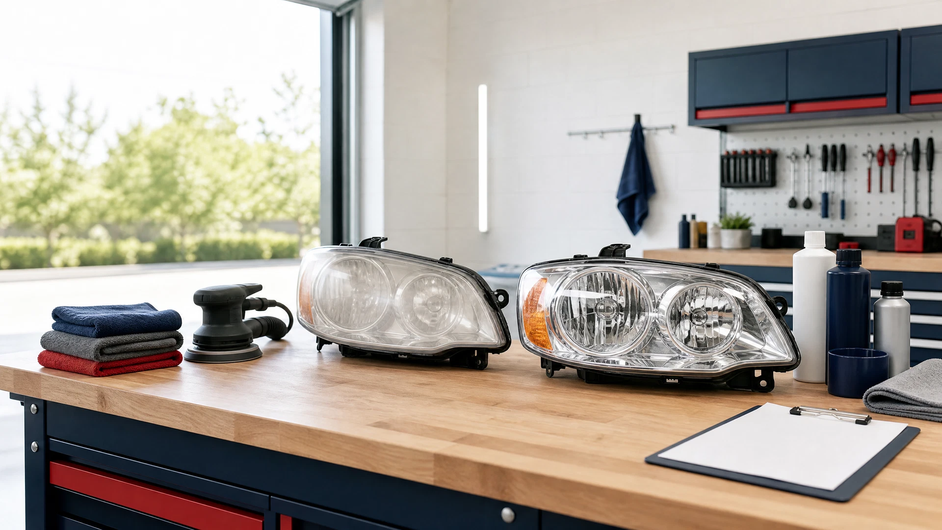 Original editorial view of a clean unbranded headlight-restoration workbench with generic lenses and organized supplies