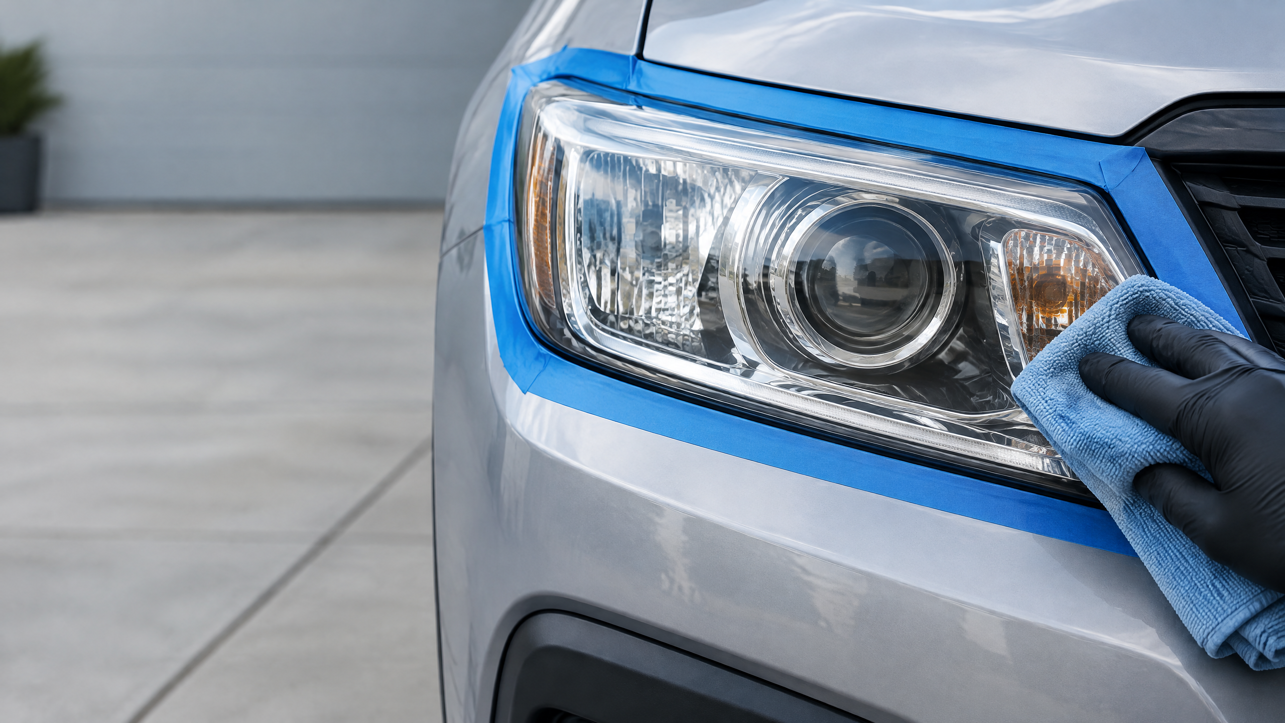 Installed unbranded vehicle headlight protected by blue masking tape while a gloved hand uses an unbranded microfiber cloth