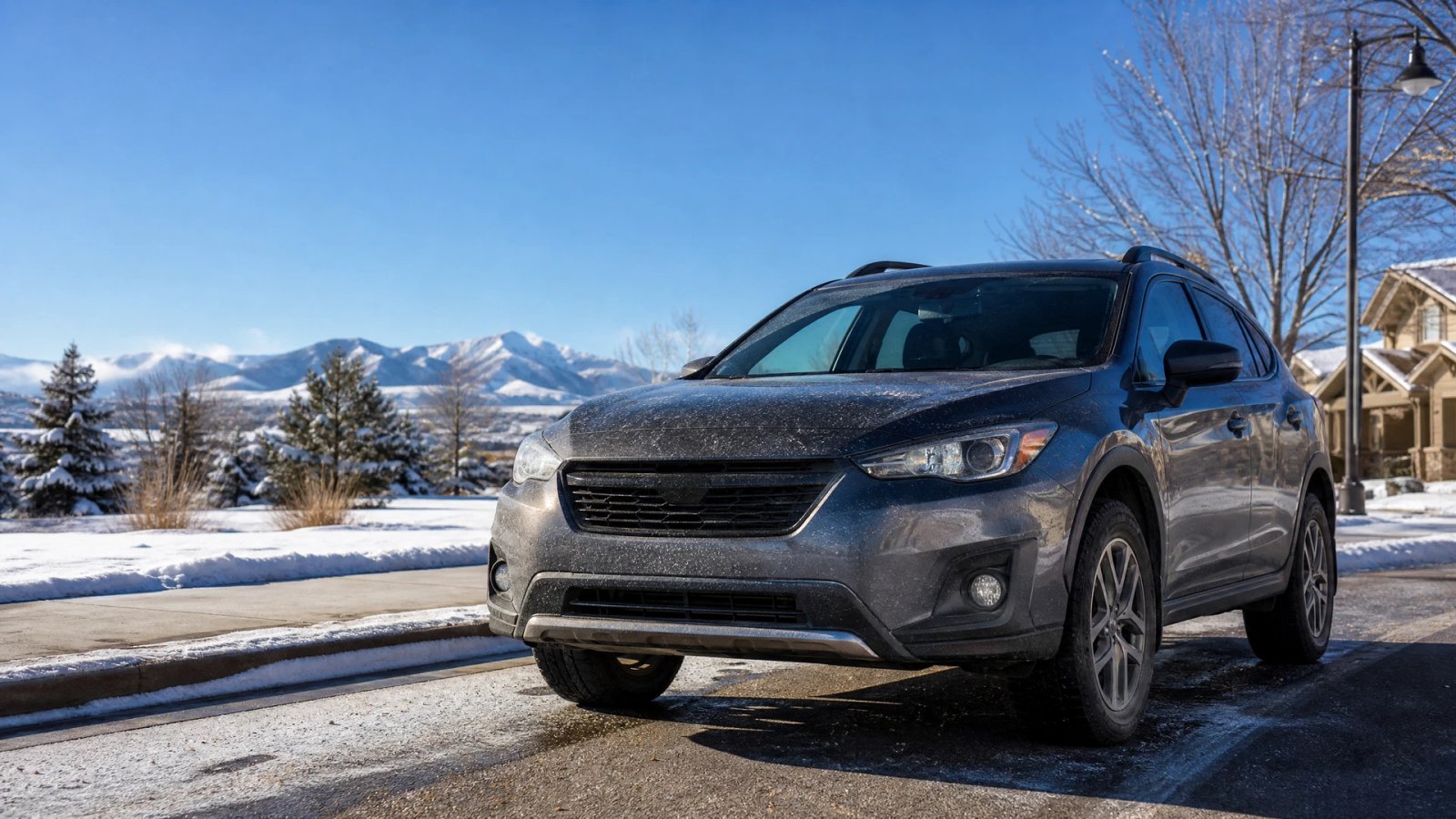 Gray crossover parked near a snowy Denver street with light winter road film on the headlights