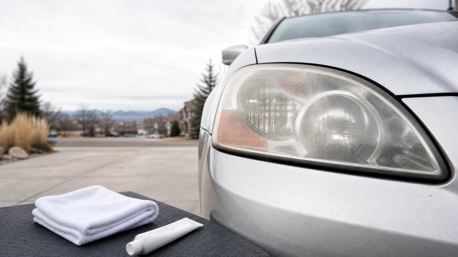 A lightly oxidized vehicle headlight beside a microfiber cloth and an unbranded toothpaste tube during a DIY cleaning attempt