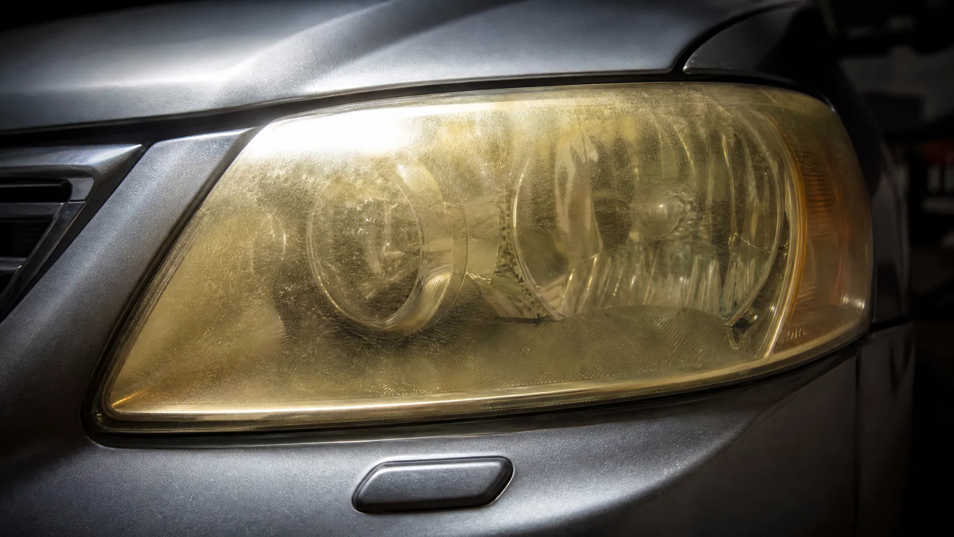 Close-up of a severely yellowed, oxidized car headlight lens showing UV damage and hazy plastic that needs professional restoration