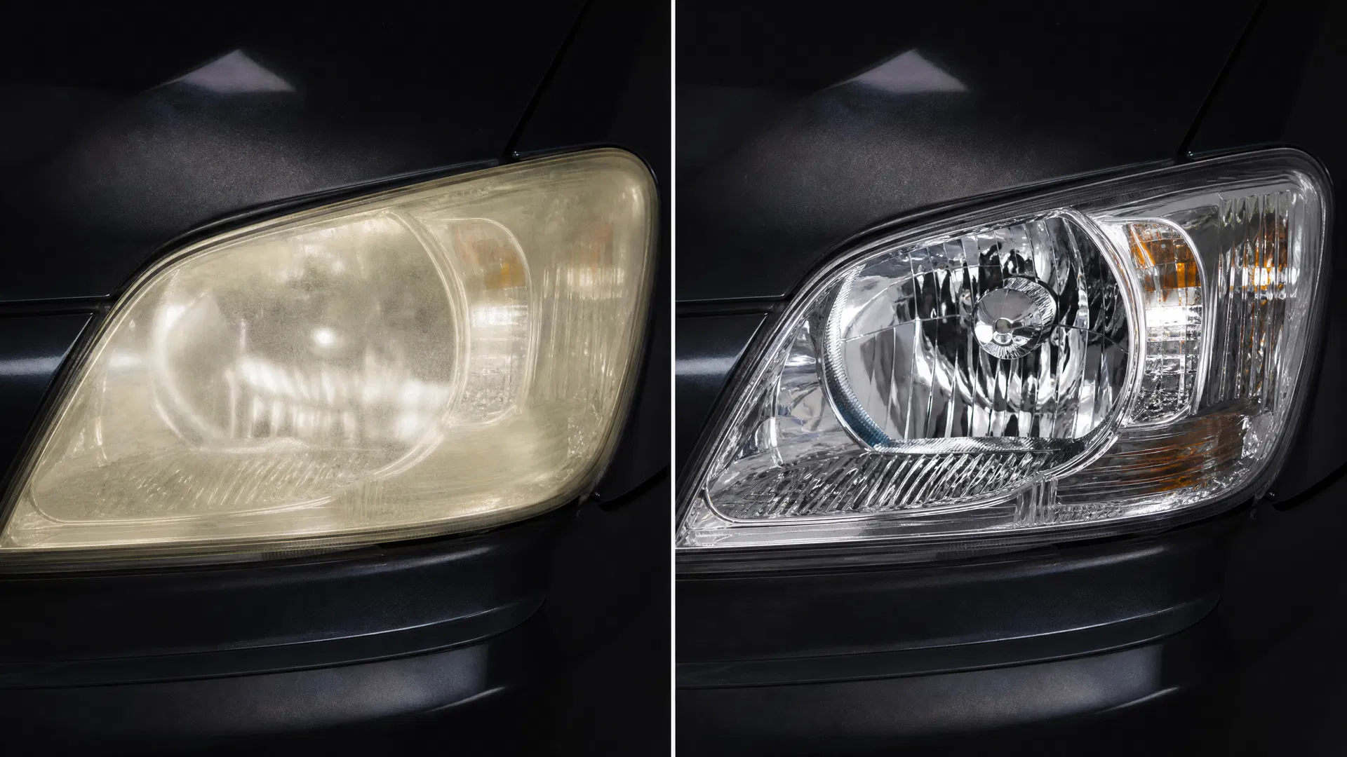 Side-by-side comparison of a yellowed oxidized car headlight on the left versus a crystal clear restored headlight on the right